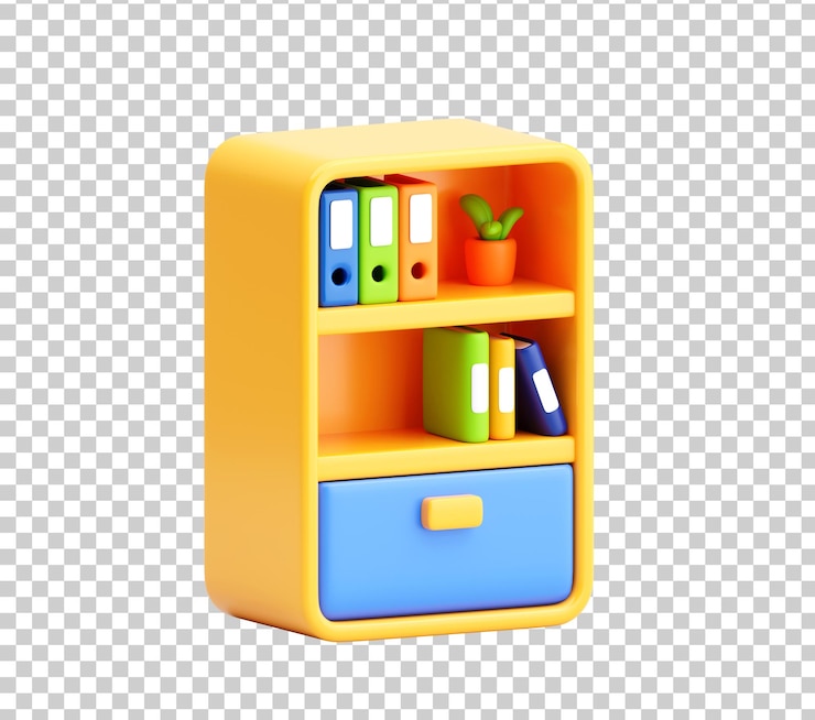 PSD gratuit icône d'étagère de bureau 3d avec des dossiers, des livres et des plantes représentant l'organisation de l'espace de travail