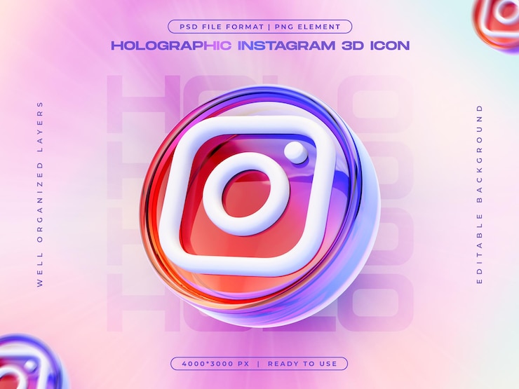 PSD gratuit l'icône holographique des médias sociaux instagram est une illustration 3d.