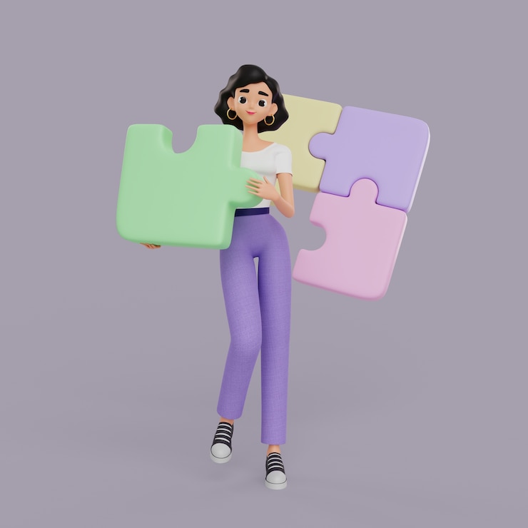 PSD gratuit illustration 3d du personnage féminin de graphiste avec des pièces de puzzle