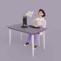 PSD gratuit illustration 3d du personnage féminin de graphiste travaillant au bureau