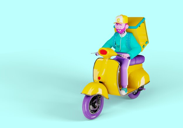 Illustration 3d du personnage de livreur avec boîte de nourriture sur scooter