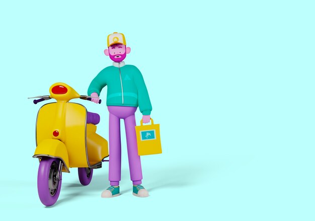 Illustration 3d du personnage de livreur avec scooter et sac