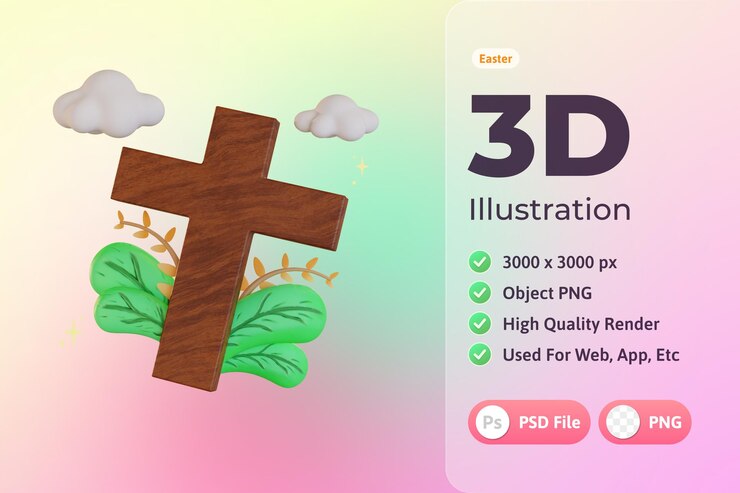 PSD gratuit illustration 3d de pâques, croix avec des plantes