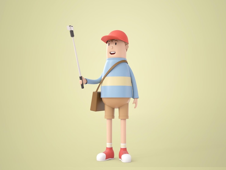 PSD gratuit illustration 3d personnage de dessin animé jeune homme voyageur utiliser un smartphone sur bâton pour selfie pendant les voyages en vacances d'été avec bonheur