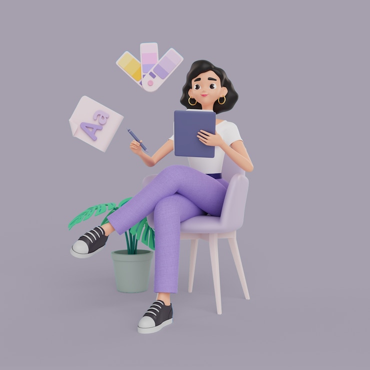 PSD gratuit illustration 3d d'un personnage de graphiste féminin travaillant sur une tablette
