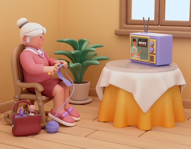 PSD gratuit illustration 3d pour maison de retraite avec femme tricotant