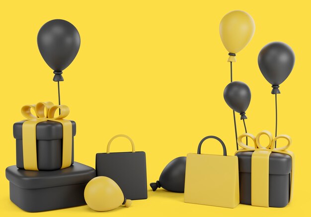 Illustration 3d pour les ventes du vendredi noir avec des ballons et des cadeaux