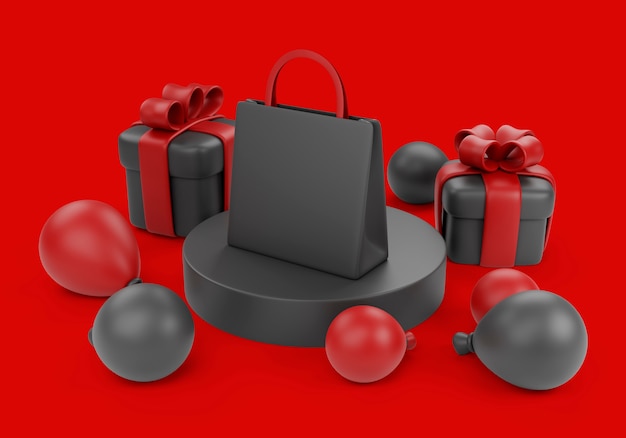 Illustration 3d pour les ventes du vendredi noir avec des ballons et des cadeaux