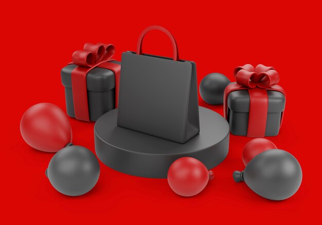 Illustration 3d pour les ventes du vendredi noir avec des ballons et des cadeaux