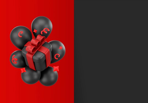 Illustration 3d pour les ventes du vendredi noir avec des ballons et des cadeaux