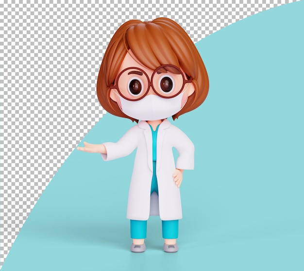 Illustration 3d Présentation du personnage de dessin animé mignon femme médecin copie espace soins de santé et bannière médicale