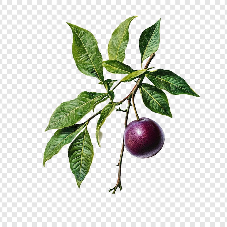 PSD gratuit une illustration botanique détaillée d'une seule prune sur une branche