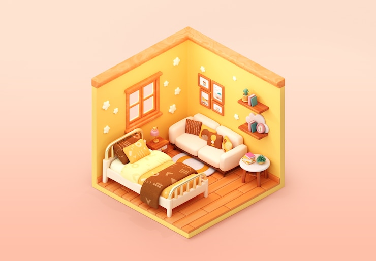 PSD gratuit illustration isométrique de la chambre à coucher