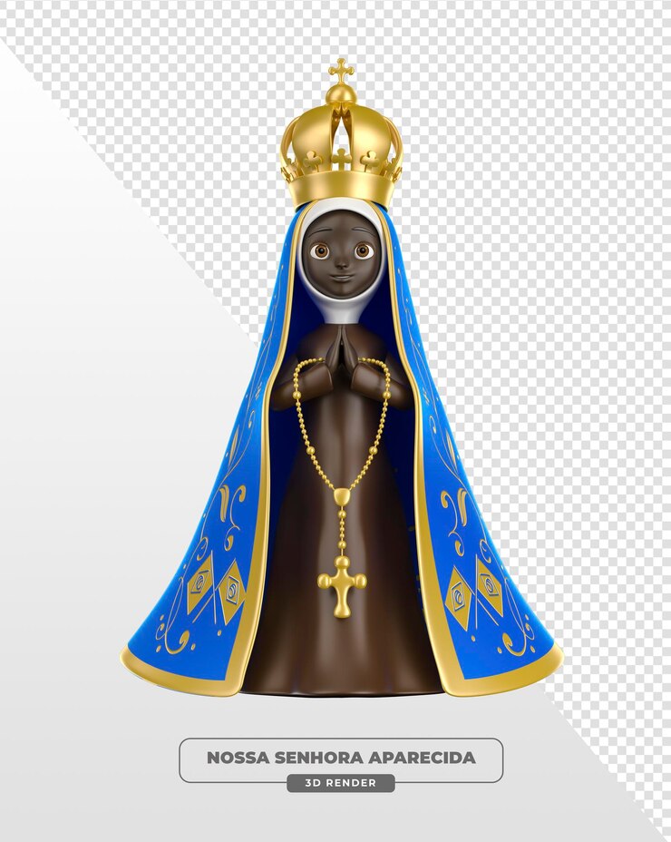 PSD gratuit image de notre-dame noire d'aparecida priant dans le style des dessins animés avec une cape bleue en 3d