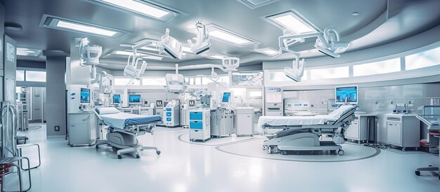 Intérieur d'une salle d'urgence moderne avec poste d'infirmières vide AI générative