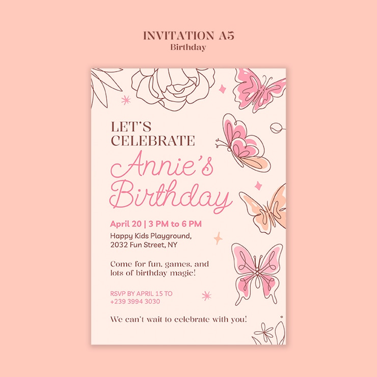 PSD gratuit l'invitation d'anniversaire d'annie avec des papillons et des fleurs