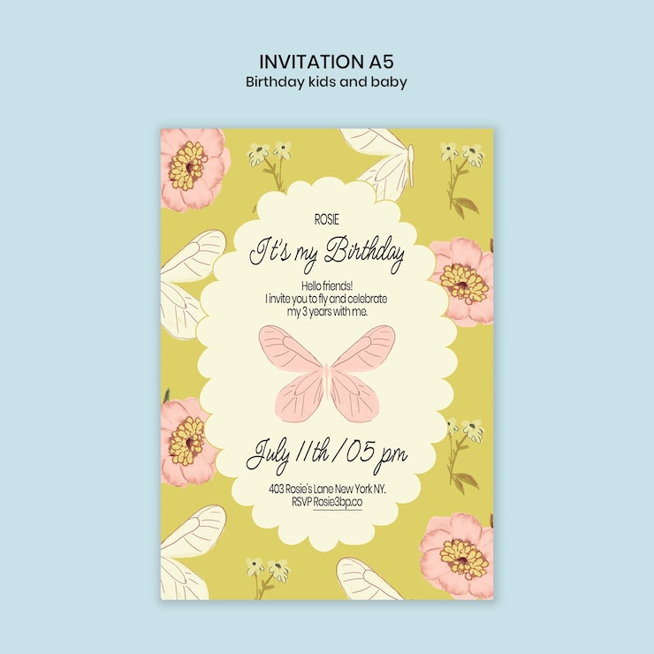 PSD gratuit l'invitation d'anniversaire au papillon de rosie pour les enfants