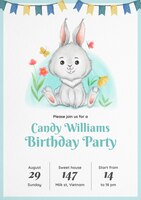 PSD gratuit invitation d'anniversaire de lapin aquarelle