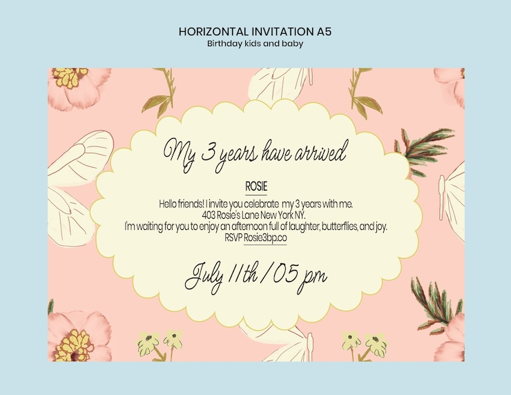 PSD gratuit invitation d'anniversaire pour la célébration du 3ème anniversaire de rosie
