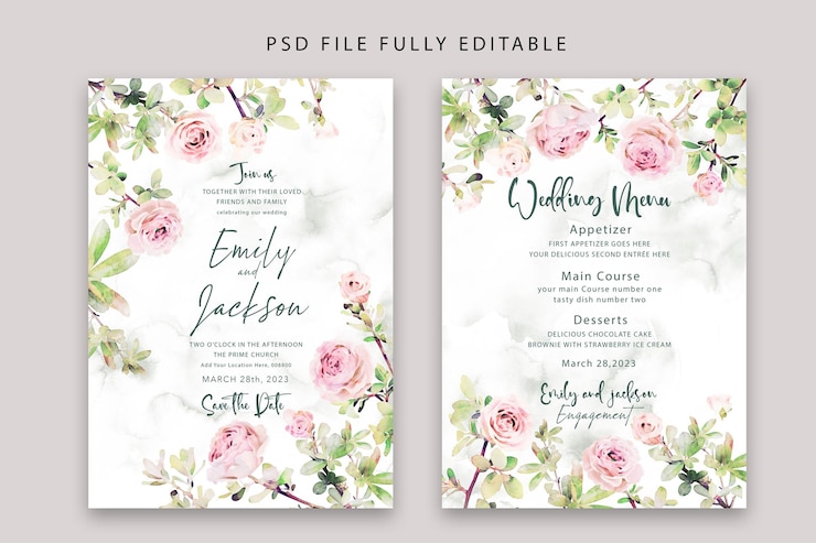 PSD gratuit invitation de mariage aquarelle florale rose et modèle de menu