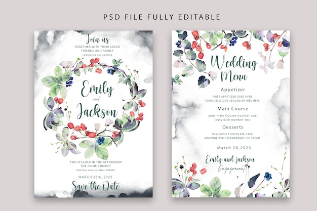 PSD gratuit invitation de mariage aquarelle psd élégant et modèle de menu