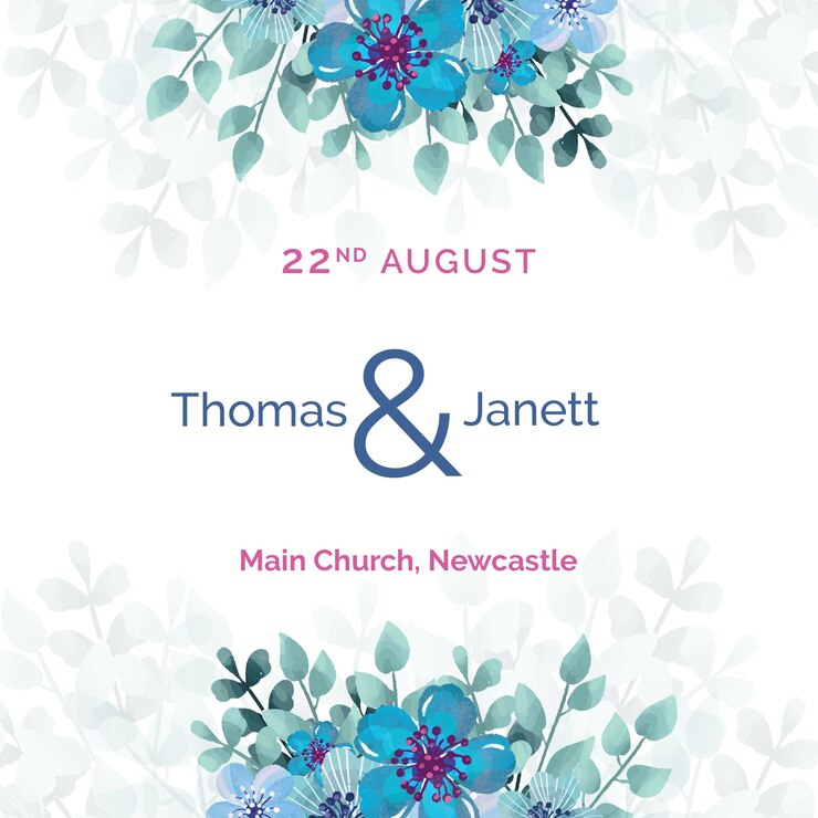 PSD gratuit invitation de mariage blanc avec modèle de fleurs bleues