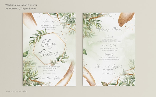 Invitation De Mariage élégant Et Modèle De Menu Avec Des Feuilles