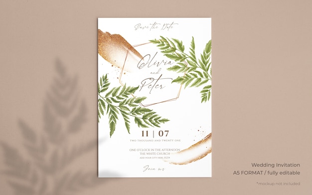 PSD gratuit invitation de mariage élégante avec de belles feuilles