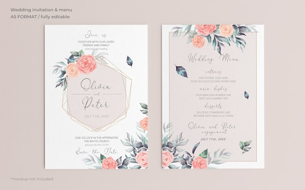 Invitation de mariage floral doux et modèle de menu