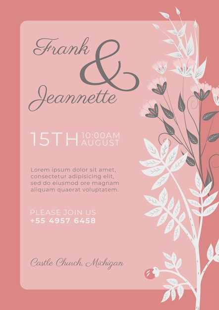 PSD gratuit invitation rose avec modèle de fleurs ornementales blanches