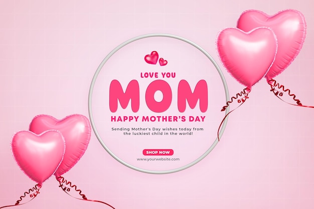 PSD gratuit je t'aime maman et bonne fête des mères bannière de voeux avec modèle de ballons d'amour