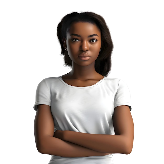 PSD gratuit jeune femme afro-américaine en t-shirt blanc sur fond blanc