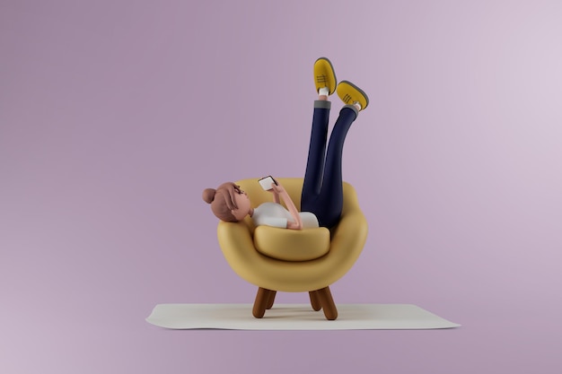 Jeune femme allongée sur la chaise à l'aide d'un smartphone sur fond isolé Illustration 3d Personnages de dessins animés