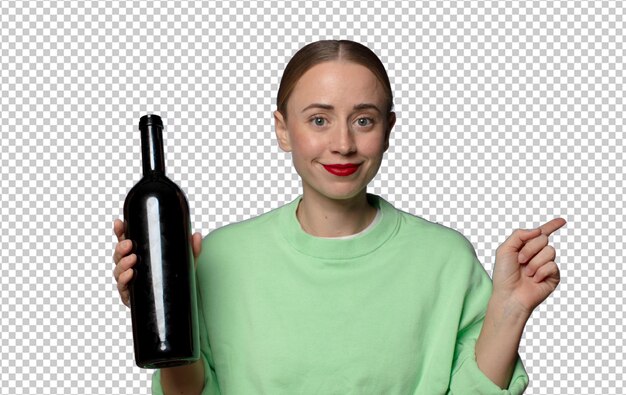 une jeune femme blonde avec une bouteille de vin et un espace de copie