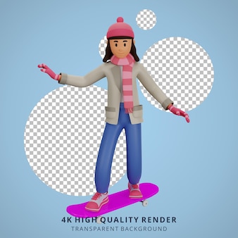 Jeune femme équitation illustration de personnage de dessin animé 3d skateboard