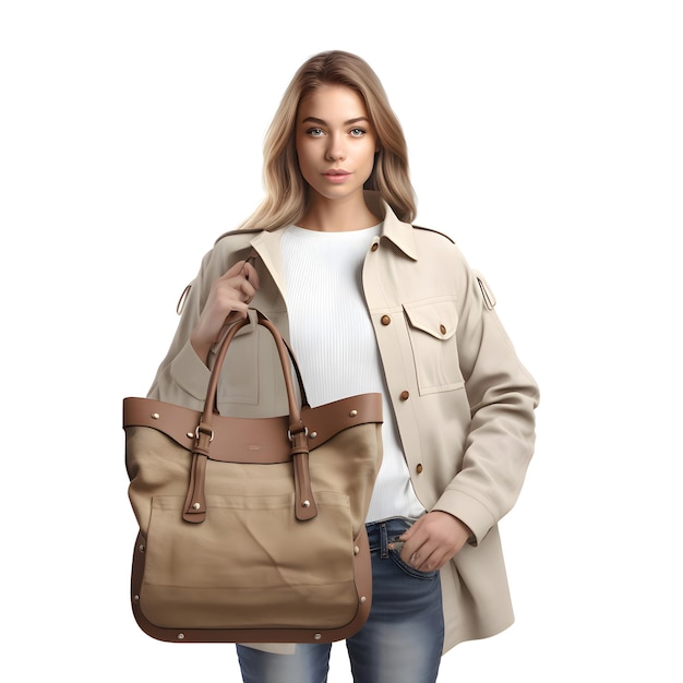 PSD gratuit jeune femme avec un sac élégant sur fond blanc mockup pour la conception