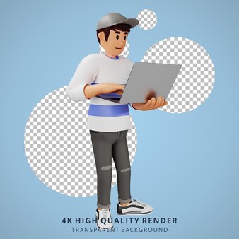 Jeune homme au chapeau marchant avec illustration de caractère 3d pour ordinateur portable