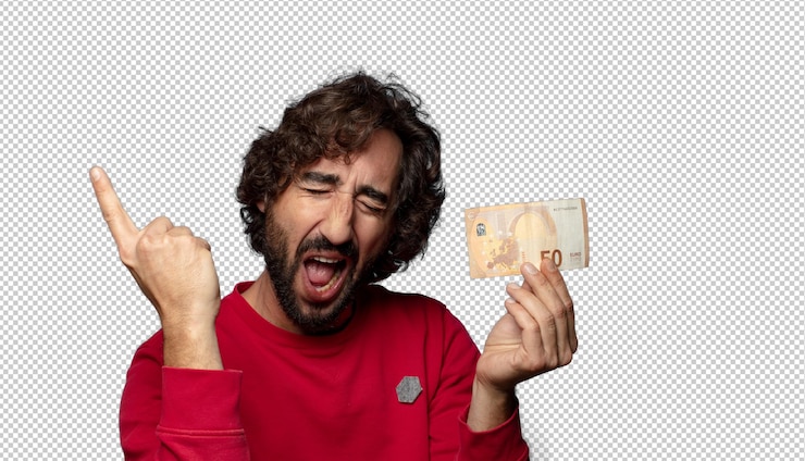 PSD gratuit un jeune homme barbu adulte avec un billet de cinquante euros