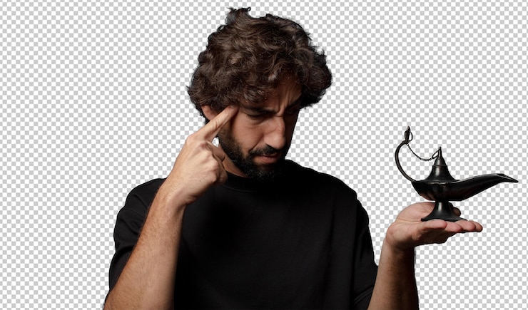 PSD gratuit un jeune homme fou barbu avec une lampe géniale.