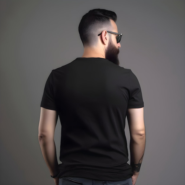 PSD gratuit jeune homme hipster en t-shirt noir et lunettes sur fond gris