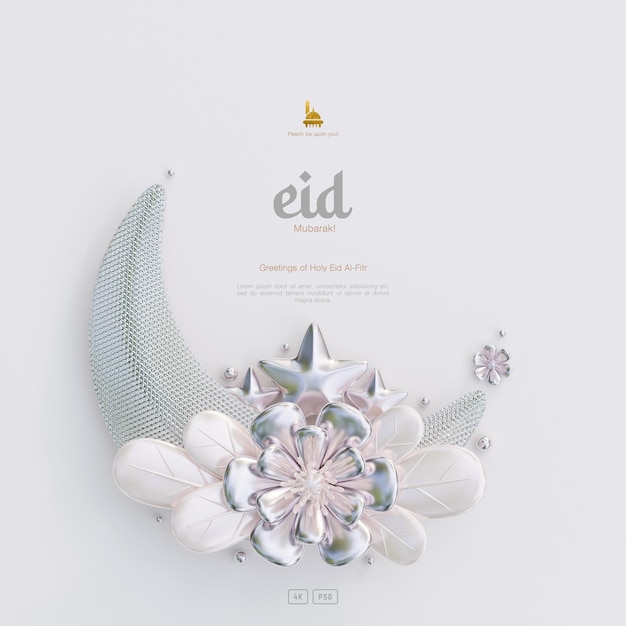 Joli Fond De Voeux Eid Al Fitr Décoré Avec Un Croissant De Lune 3d Et Des Fleurs