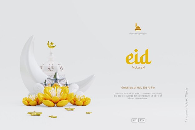 Joli fond de voeux Eid Al Fitr décoré avec un croissant de lune 3d et des fleurs