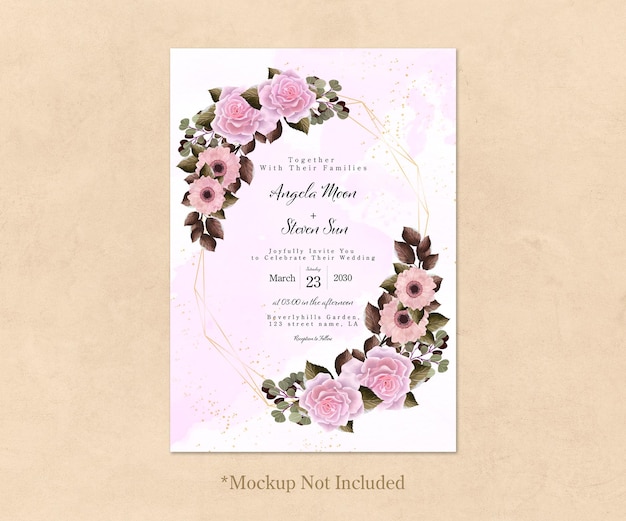 PSD gratuit jolie carte d'invitation de mariage floral rose avec cadre doré