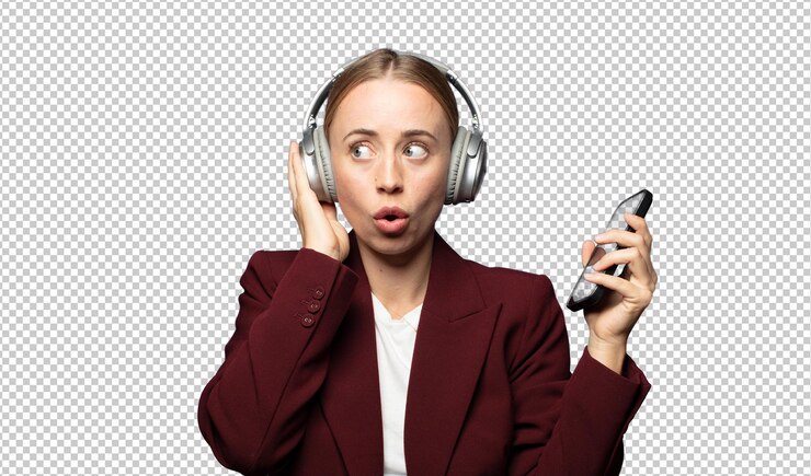 PSD gratuit une jolie femme d'affaires avec des écouteurs.