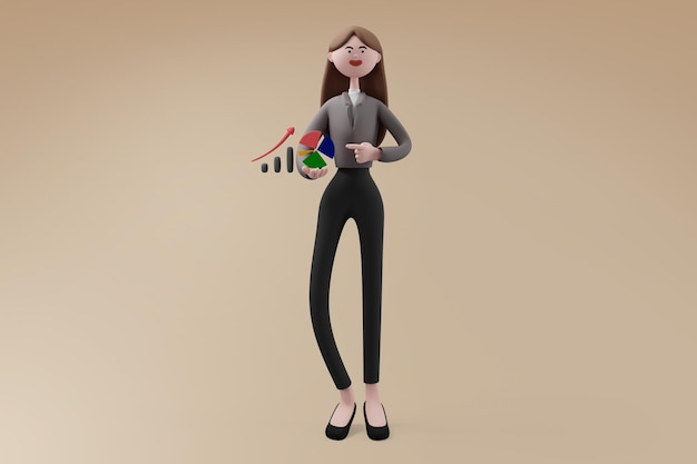 Jolie femme d'affaires en vêtements formels tient un argent avec graphique et doigt pointé sur fond isolé Concept d'entreprise et d'investissement personnage de dessin animé de rendu 3d