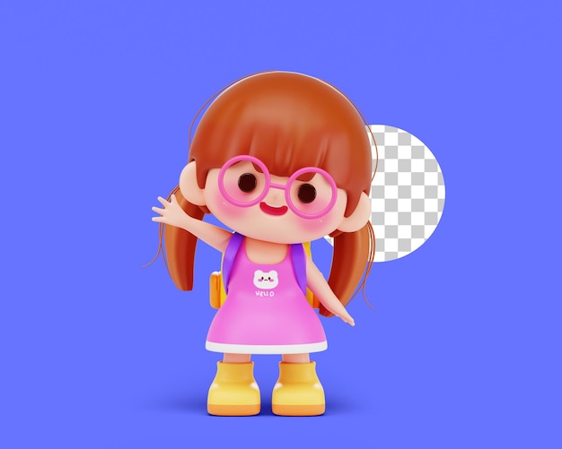PSD gratuit jolies filles ou enfants saluant disant bonjour personnage d'illustration 3d de dessin animé