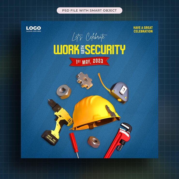 PSD gratuit journée internationale du travail avec casque de sécurité et outils modèle de publication sur les médias sociaux