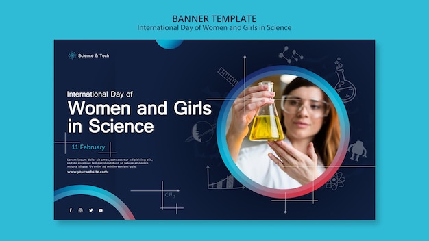 PSD gratuit journée internationale des femmes et des filles dans le modèle de bannière de la science