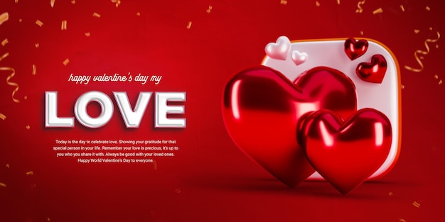 PSD gratuit joyeuse saint valentin mon amour modèle de conception de bannière de médias sociaux 3d