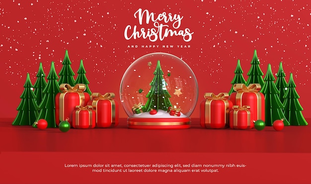 Joyeux Noël Et Bonne Année Avec Boule De Neige 3d Et Ornements De Noël PSD Premium